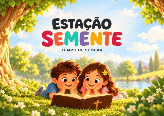Capa oficial do livro Estação Semente — Tempo de semear: duas crianças leem a Bíblia sob uma árvore