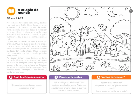 Amostra A criação do mundo, com história, oração, perguntas e desenho
