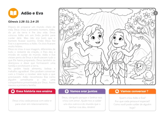 Amostra Adão e Eva, com leitura e atividade para colorir